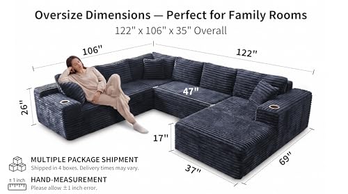 Image of Oversized Cloud Sectional Couches for Living Room, 122 inch U-Shaped 7 Seater Sofa Modular Boneless Couch with Chaise | Deep Seater | Cup Holder | Side Pocket | No-Assembly | Plus Corduroy, Dark Gray