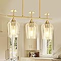 Pandaluna 3-Light Pendant Lights Kitchen Island Lighting Fixtures Gold Linear Chandelier Dining Room Light Fixture Ceiling Hanging Modern Kitchen Chandeliers Over Table with Clear Glass Shades