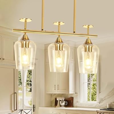 Pandaluna 3-Light Pendant Lights Kitchen Island Lighting Fixtures Gold Linear Chandelier Dining Room Light Fixture Ceiling Hanging Modern Kitchen Chandeliers Over Table with Clear Glass Shades