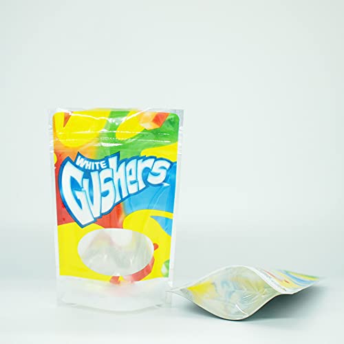 100 PCS Resealable 3.5 g Smell Proof Mylar Bags, Reusable Edible Packaging Aluminum Foil Pouch Ziplock Food Storage Bags, 5x3.3 inch Empty bag Foil Grip Seal Wrap (100, White Gushers)