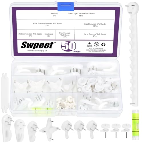 Swpeet Kit de 52 crochets muraux en béton, crochets de suspension invisibles, crochets de suspension invisibles pour cloison sèche, murs durs en béton de...