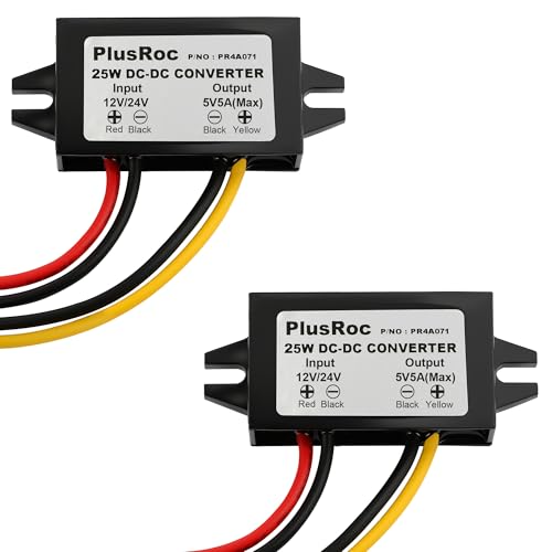 PlusRoc Waterproof 12V/24V to 5V 5A Step Down Converter 25W DC-DC Buck Converter with Open Wires for DIY Electronics Projects (2-Pack)