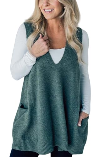 Cozy Pocket Sweater Vest, Womens Sleeveless Sweater Vest V Neck Loose Knit Casual Flattering a Line Tunic Top with Pockets