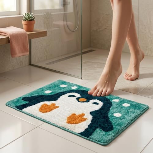 Image of Dream Weaverz 2000 GSM Soft Microfiber Bath Mat - Quick Dry Anti-Skid Water Absorbent Floor Rug, Machine Washable Non Slip Door Mat for Bathroom & Bedroom (40 x 60 cm) (Penguin)