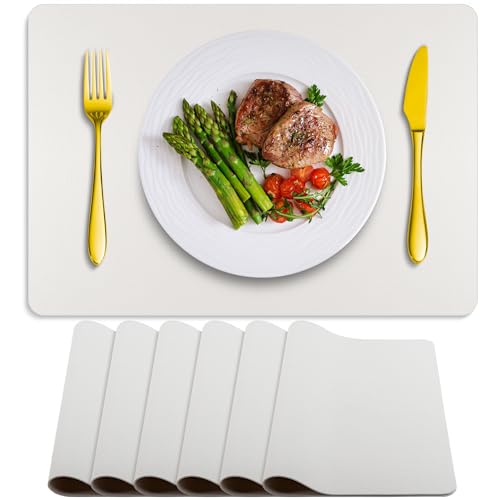 Placemats Set of 6 Washable, Heat Resistant Table Placemats Wipeable Faux Leather Place Mats Non Slip, Waterproof Square Table Mats for Indoor Outdoor, White
