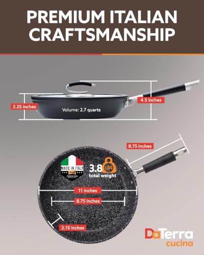 Image of DaTerra Cucina 11 inch Nonstick Ceramic Frying Pan with Lid - Oven & Induction Safe, High Heat Resistant Nonstick Cookware, Dishwasher Safe, Durable & Stylish - Volcanic Black Speckled - Made in Italy