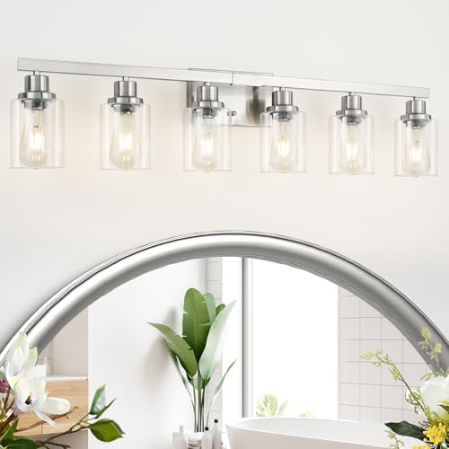 Image of Bathroom Vanity Light, 6-Light Nickel Modern Matte Wall Sconce Lighting with Clear Glass Shade, Wall Lights,Bath Vintage Wall Mounted Lamps for Mirror Bedroom Living Room