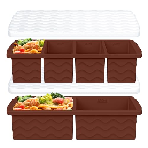 Image of Silicone Freezer Molds for Soup with Lid, 1-Cup & 2-Cup Large Ice Cube Trays Food Storage Containers for Meal Prep, Freeze 500mL /250mL /125mL Portions - 2 Pack
