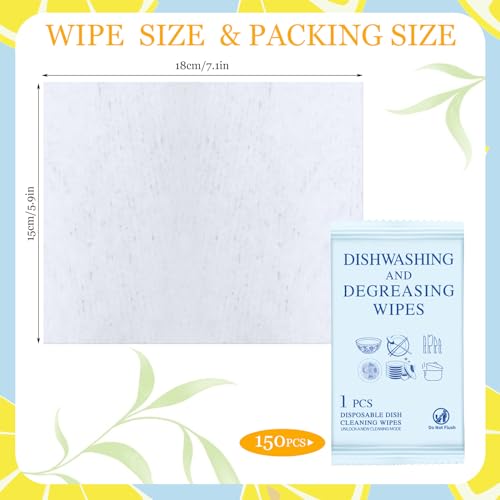 Image of 150 Pcs Portable Disposable Dish Cleaning Wipes Individually Wrapped Quick Cleaning Dish Soap Wipes Bulk Travel Size for Kitchen Outdoor Traveling Camping Hotel