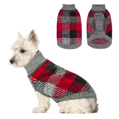 Image of BEAUTYZOO Small Dog Sweater, Plaid Knit Winter Clothes with Harness Hole