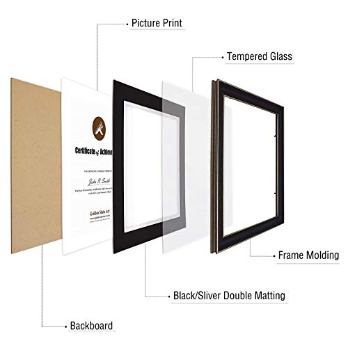Golden State Art, 11X14 Vintage Antique Style Black Document Frame For 8.5X11 Diploma/Certificate, Sawtooth Hangers For Wall Mounting With Real Glass, Silver Trim (Black/Silver Double Mat, 2-Pack) #TOP5