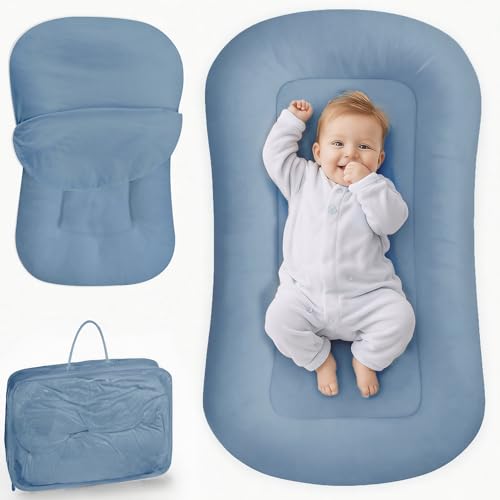 Image of Infant Support Cushion - Baby Lounger for Newborn, 0-24 Months, Breathable Cotton Fabric Infant Support Cushion, Portable Newborn Essentials for Home and Travel, GrayishBlue (Cover Included)