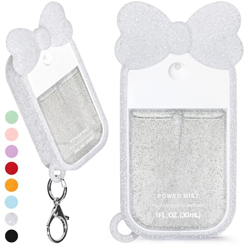 ULTRASKINX Silicone Bow Case Compatible with Touchland Hand Sanitizer Spray Confetti Cake Mist Cute Holder with Keychain Clip Frosted Sparkle
