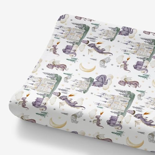 Image of HawSkgFub Cute Dragon Fairy Tale Changing Pad Cover Baby Girl Shower Gift, Purple Castle Cloud Moon Star Pine Tree Diaper Change Table Sheet, Soft Stretchy Safe Snug Fitted Changing Mat Fit 32/34 x 16