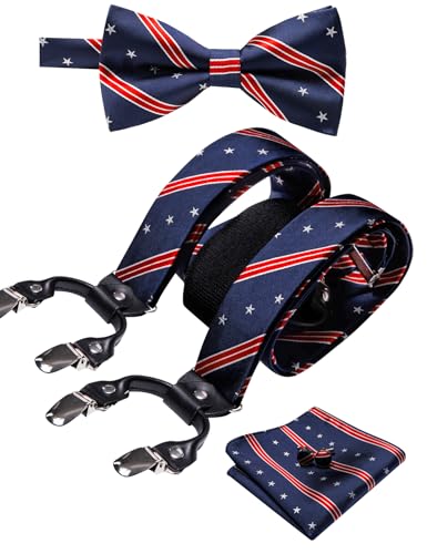 Image of YOHOWA Men Suspenders 6 Clips Strength Adjustable Y Braces Pre-Tied Bow Tie Set Formal Wedding Party