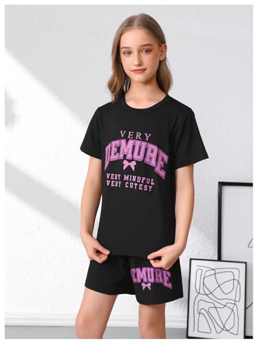 Image of Verdusa Girl's 2 Piece Outfits Letter Print Bow Graphic Tee with Shorts Clothing Set