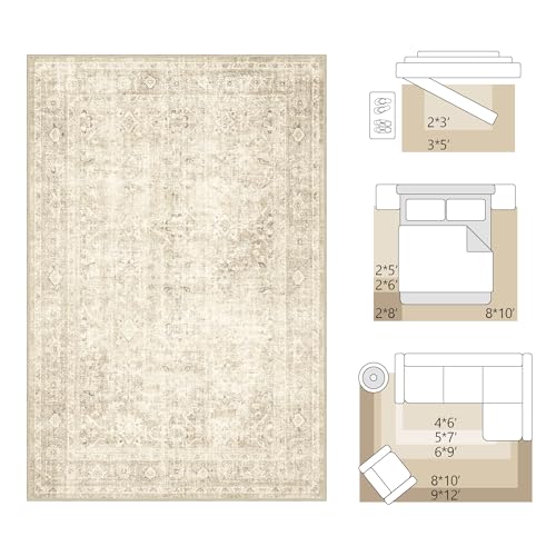 Tapete beige vintage 8x10 lavable antideslizante miniatura 2