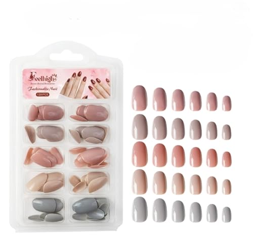 Image of 120 Pcs Press On Nail Tips - Medium Round Artificial Nail Extensions in 5 Colors, Natural Reusable Stick-On False Nails Kit for Women & Girls, 12 Sizes, Salon-Like Finish (Shade 04)