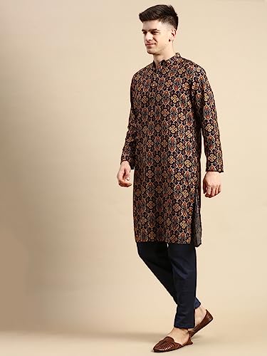 Image of Men's Black Art Silk Regular Fit Ethnic Motifs Kurta | Indian Kurta | Festive Ethnic Kurta with Embroidered Packet