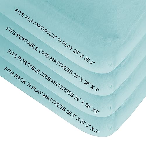 Biloban Pack and Play Sheets Fitted, 2 Pack Pack and Play Sheet Fits for Graco Pack n Play Mattress, Neutral Playard Sheets for Baby Boys and Girl, White & Aqua, 38”X 26”