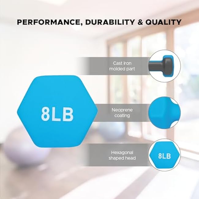 Neoprene Dumbbell Sets of 2 with Multiple Weight Options, Hexagon Non-Slip Weights for Home Gym Yoga Pilates Workout