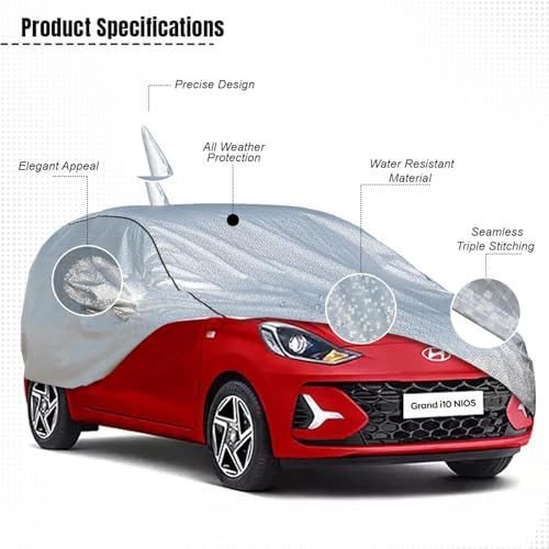 Image of Pivalo Car Cover for Grand i10 Nios All Model & Years (2019-2025) 100% Waterproof with Mirror Pockets, Triple Stitched Bottom Elastic Dustproof Full Body Protection (Heat & UV Resistant, Silver)