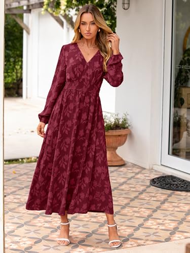 Image of Simplee Womens Boho Floral Long Sleeve Maxi Dress V Neck Empire Waist Fall Wedding Guest Dresses with Pockets