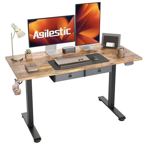 Image of Agilestic Electric Standing Desk with Drawers, 55 x 24 Inches Height Adjustable Desk, Stand up Computer Table with Memory Preset, for Work Office Home, Dark Brown