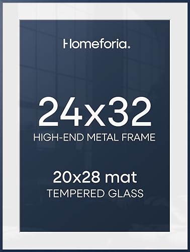 Image of Homeforia 24x32 Navy Blue Picture Frame, High End Metal 24x32 Poster Frames with Mat 20x28 inch Photo, 24 x 32 Thin Frame Matted to 20 x 28 Print, 32x24 Large Frame, Tempered Glass, Wall Kit, Set of 1