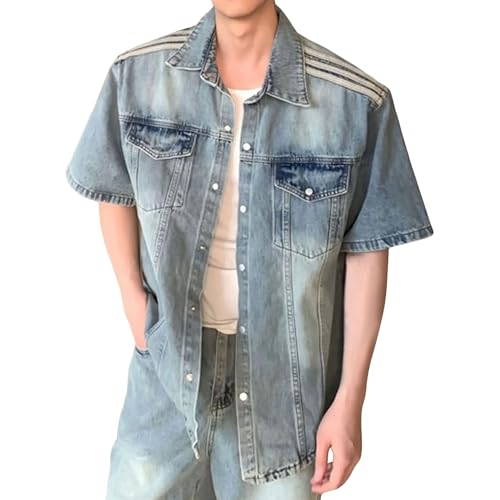 Camisa vaquera lavada con doble bolsillo y botones de estilo tejano retro