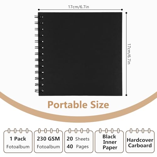Kleines Fotoalbum zum Selbstgestalten,17x17cm Scrapbook 20 Blätter(40 Seiten) Fotoalben Ringbuch, Fotobücher Kraftpapier Spiralalbum für Baby Geburtstag Jahrestag Hochzeit, Schwarz