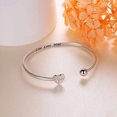 S925 Sterling Silver Live Love Heal Ekg Heartbeat Adjustable Open Cuff Heart Bangle Bracelet For Nurse Doctor Medical Student Gifts #TOP4