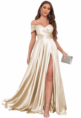 Image of SOLODISH Off The Shoulder Satin Prom Dresses for Women Long Formal Evening Party Dress with Slit