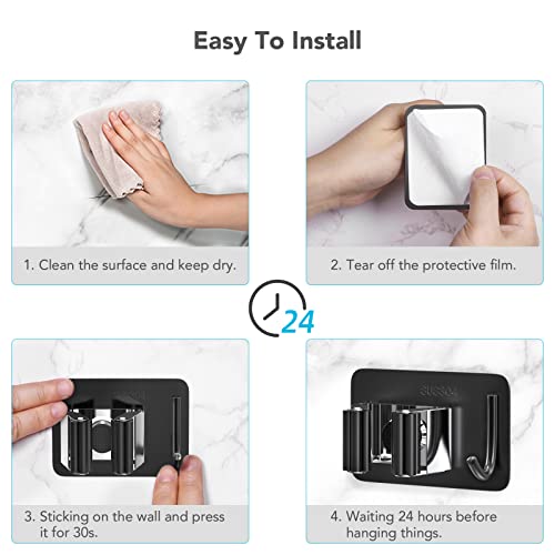 Image of homeasy Broom Holder Wall Mount 4Pcs, Self Adhesive Mop Broom Hanger | Self adhesive stainless steel broom organizer with 4 hooks, holds mops, brooms and garden tools without drilling