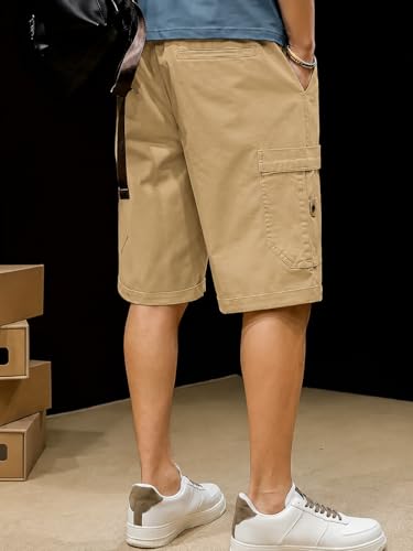 Image of Men's 100% Pure Cotton Cargo Shorts | Regular Fit Knee Length Utility Shorts with Multiple Pockets | Casual Outdoor Summer Wear Shorts for Men