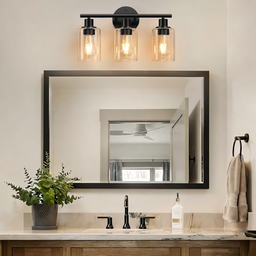 Image of Zarbitta 3-Light Bathroom Light Fixtures, Black Modern Vanity Lights with Amber Glass Shades, Bathroom Wall Lamp for Mirror Kitchen Living Room Hallway Cabinet Porch