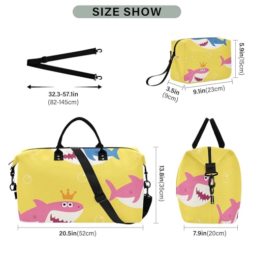 Blue and Pink Shark Pattern Duffle Bags for Women Men Waterproof Weekender Overnight Bags Hospital Bag Large Tote Bag with Toiletry Bag for Yoga Gym Travel Sport Hospital3