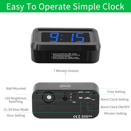 Image of KWANWA Small Digital Alarm Clock, 1.2inch Dark Blue LED Digits, Adjustable Brightness, Dim Night Model, 12H /24H, Battery Operated, Wall Mount, Snooze, Clock for Kids Bedroom, Small Travel Clock