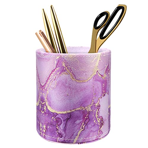 Image of Large Capacity Colored Pen Holder for Desk, Leather Pencil Holder Pen Cup Marker Holder Makeup Brush Holders, Desk Accessories & Workspace Organizers for Home, Office, Purple Marble