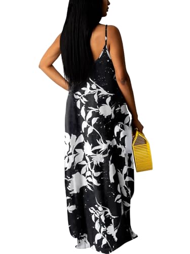 Image of Summer Dresses for Women Spaghetti Strap Beach Floor Length Maxi Sundresses | Floral Print,Casual,with Pockets