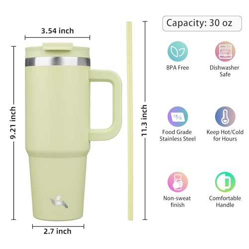 Image of Konokyo 30 oz Insulated Tumbler Water Bottle with Handle, Straw Lid | BPA-free and dishwasher safe; made for gym, travel, coffee and gifting, 2 straws, cup holder friendly,Macaron Green
