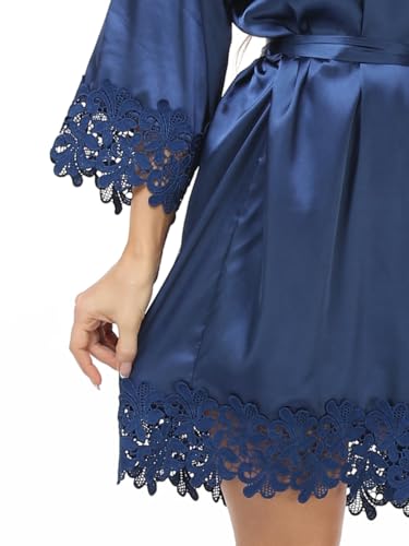 Image of Crystal Dew 2 Pcs Mother of the Bride Groom Robe with Lace Trim Embroidery Bridal Satin Kimono Robes for Wedding Day