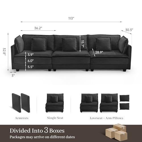 Image of Corduroy Sectional Couch, 3 Seater 113 inch Cloud Couch, Modular Deep Seat Sofa with Pillows for Living Room, Apartment, Black
