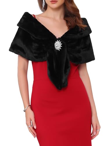 Women's Faux Fur Shawl Wrap Cape for Bridal Wedding Party Bridal Shrug with Faux Pearl Rhinestone Brooches