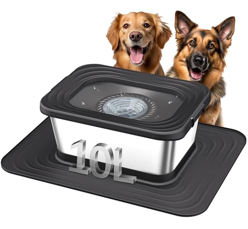 Decflow 10L Stainless Steel Dog Water Bowl, No Spill Anti-Splash Dog Bowls with XXL Silicone Mat, Spill-Proof Slow Feeder for Messy Drinkers, Heavy Duty Pet Bowls for Indoor/Outdoor Use Black