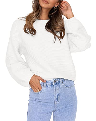 Coololi Women's Puff Sleeve Knit Pullover Ribbed Sweaters Crewneck Oversized Loose Casual Cozy Soft Slouchy Sweater Tops4