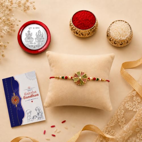 Image of Garth Designer Multicolor Rakhi for Brother - Handmade Raksha Bandhan Thread Bracelet with Silver Color Pooja Coin, Tilak Set & Greeting Card, Traditional Festival Gift for Bhai (Set of 1)