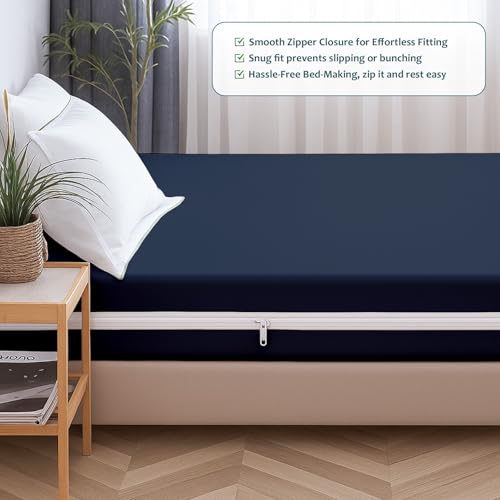 Image of Zipper Closure Style Mattress Protector King Size 100% Waterproof Six-Sided Mattress Encasement for Bed 72x72 Inch Fit On 6 Inch 6X6 Feet Navy Blue