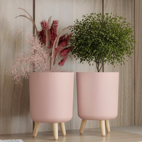 Image of StyleX Store Modern Flower Pot with Plastic Legs | Indoor Outdoor Planter for Home Garden Balcony Decor Ribbed Design Sturdy Plastic Mid-Century Style (Blush Pink Pack of 2)