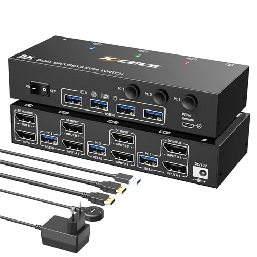 8K KVM Switch 3 PC 2 Monitore Displayport, Camgeet 4K@144Hz Dual Monitor KVM Switch DP1.4 f&uuml;r 3 Computer 2 Monitore und 4 USB Ger&auml;te, USB3.0 KVM Umschalter Unterst&uuml;tzung von Extended & Duplicate Mode